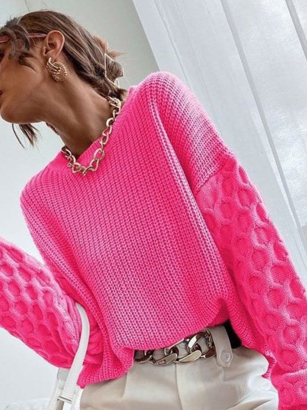 SHEIN Hot Pink Cable-Sleeve Crewneck Sweater